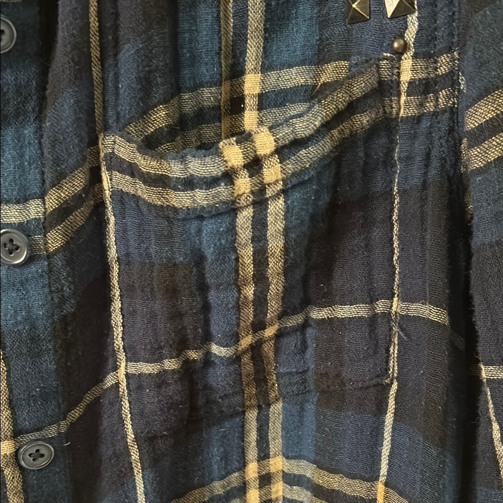 Free People Blue, Tan, White Embellished Button Down Plaid Shirt - Picture 5 of 8